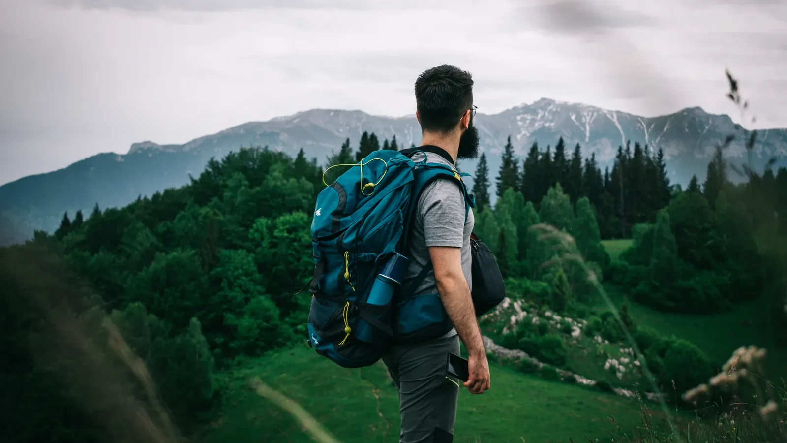 Hiker with a blue backpack looking out over forested mountains