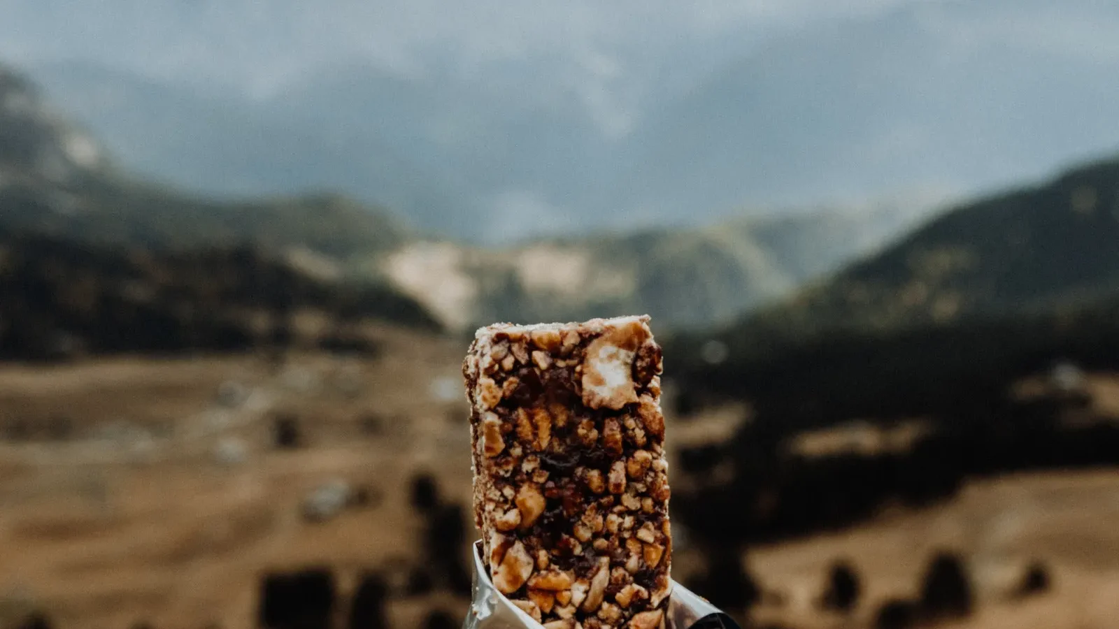 Hand holding a cereal bar with a mountain landscape in the background