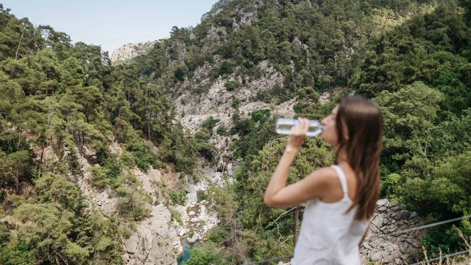 Hiker drinking from a water bottle on a mountain viewpoint above a wooded gorge