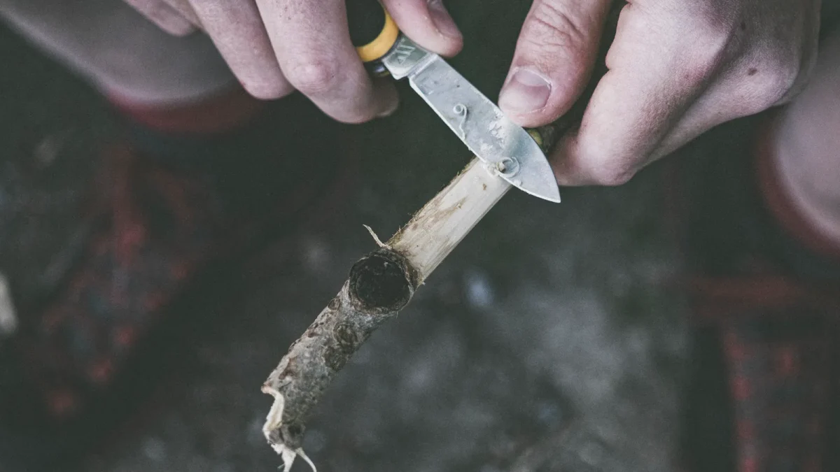 Close-up of hands whittling a wooden stick with a small folding knife