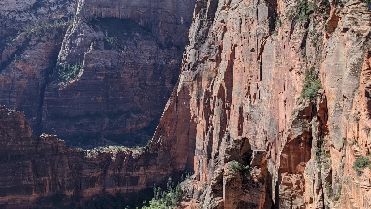 The narrow sandstone ridge of Angels Landing rising above Zion Canyon
